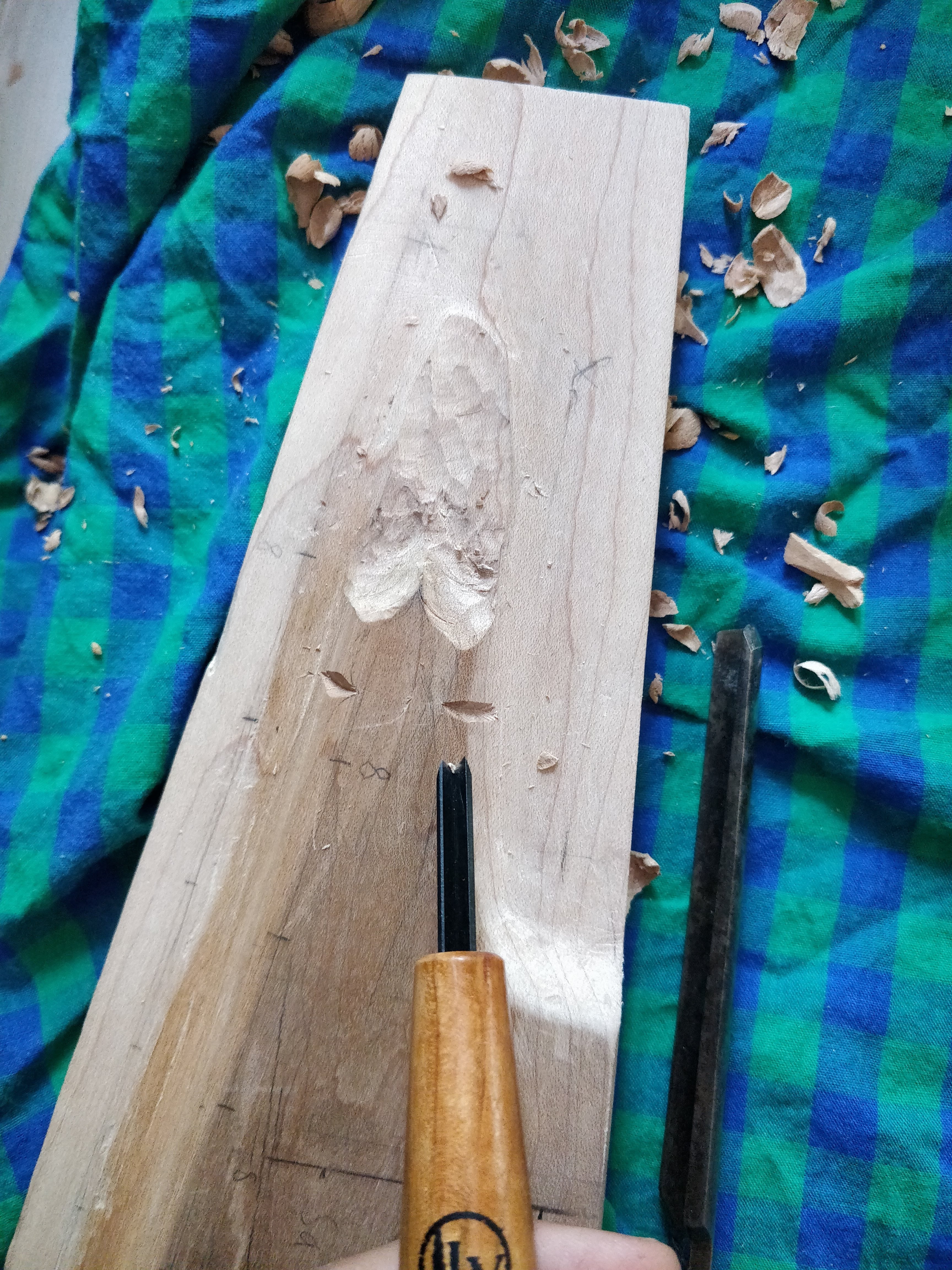 Sarangi neck showing gouge marks from carving process.